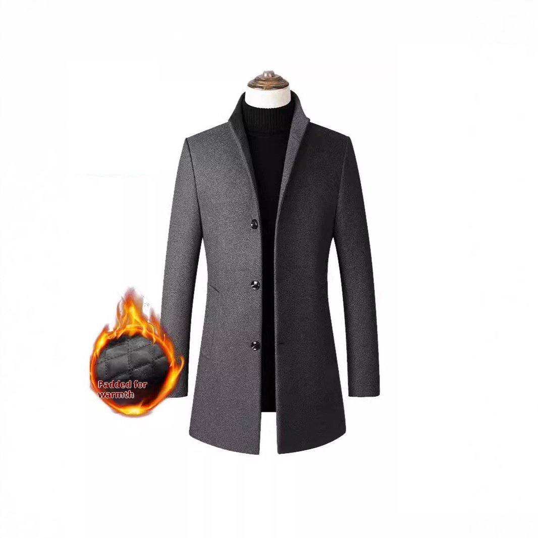 European And American Single-breasted Stand Collar Coat Cotton Padded Men's Trench Coat Woolen Coat - Image 5