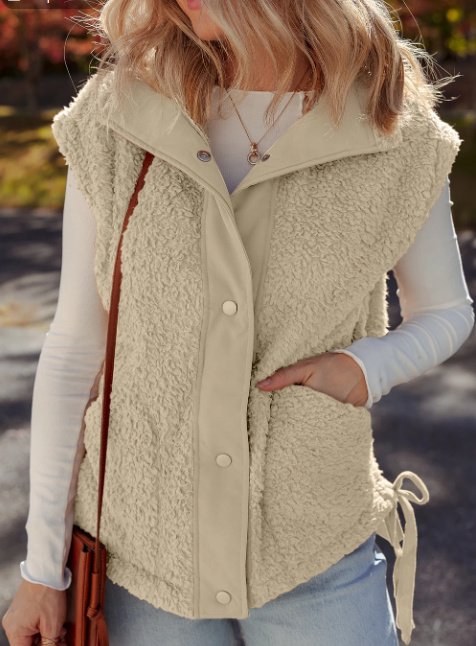 Cinnamon Faux Fur Snap-front Knot Side Plush Vest With Pockets - Image 2