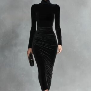 Black Velvet Sexy Half Turtleneck Dress Women