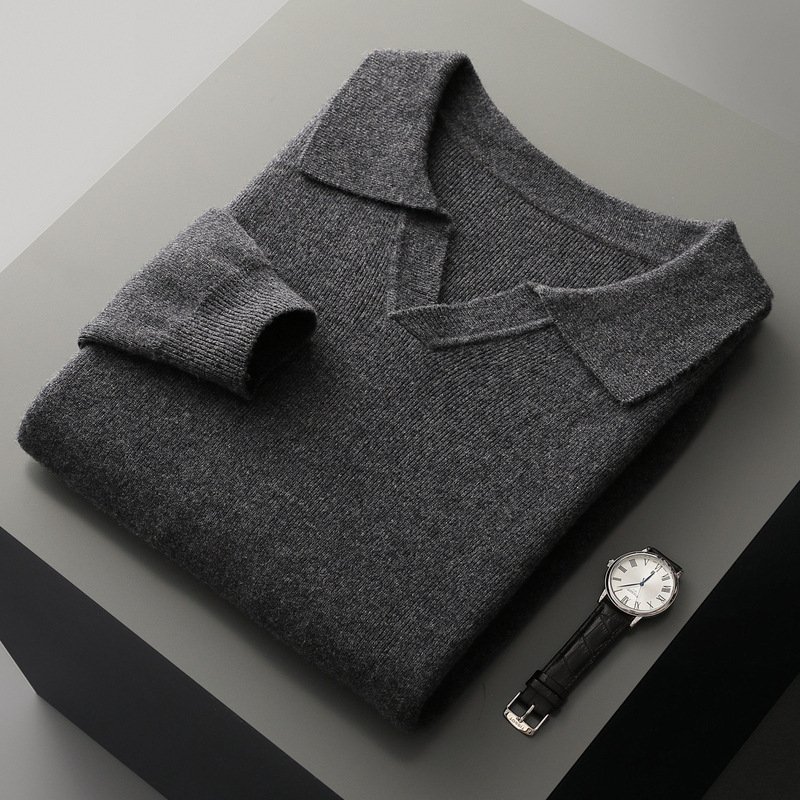 New Polo Collar Knitted Long Sleeve Sweater Male - Image 4