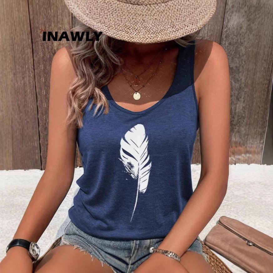 Feather Print Vest Sleeveless Round Neck Fashion Sexy - Image 2