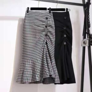 Women's Mid-length Tartan Skirt Western Style Slimming Split Fishtail