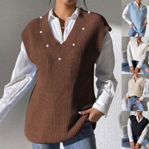 New V-neck Simple Pearl Beaded Woven Sweater Vest