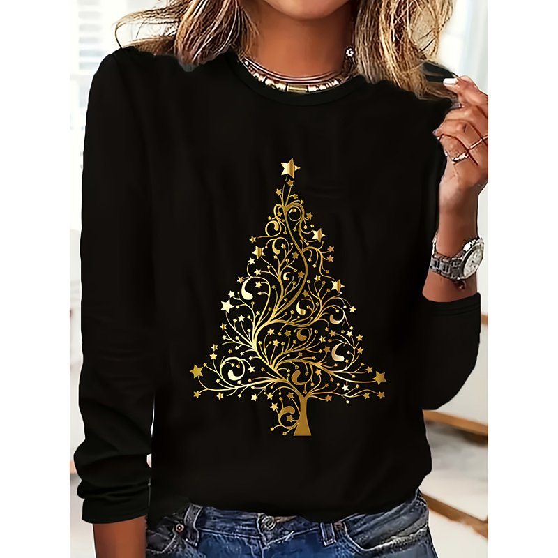 Women's Long Sleeve Merry Christmas T-Shirt, Cute Christmas Tree Graphic Tee, Funny Holiday Party Top - Image 6