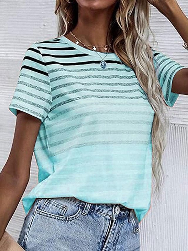 Women's Striped Gradient Round Neck Short Sleeve Top - Image 7