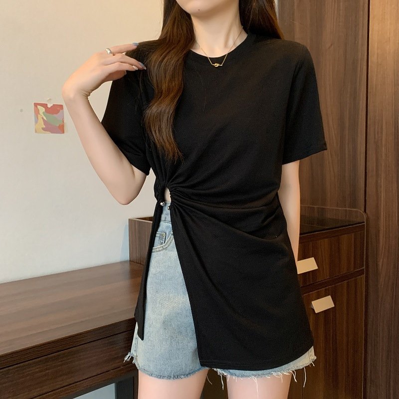 Cotton Irregular Split Short-sleeved T-shirt Women's Summer - Image 4