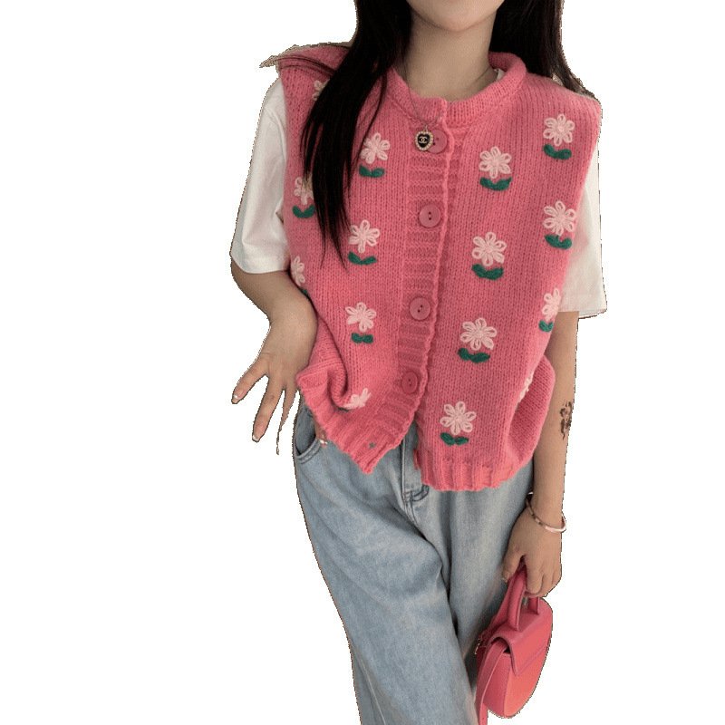 Embroidery Flower Knitted Vest Cardigan Sweet Sweater - Image 6