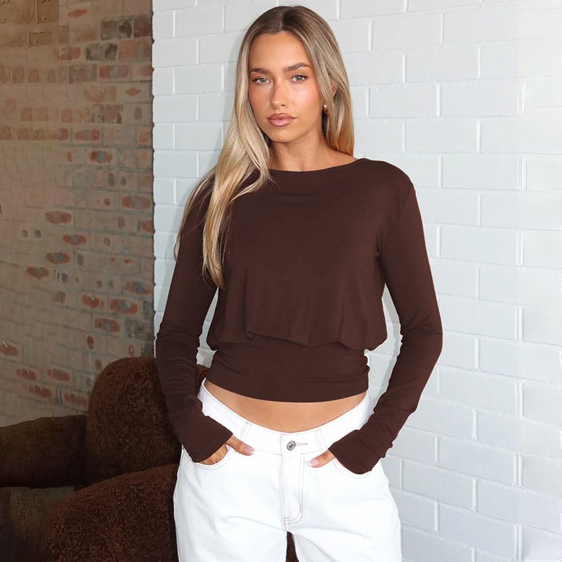 Fashion Casual Waist Tight Slimming Round Neck Long Sleeve