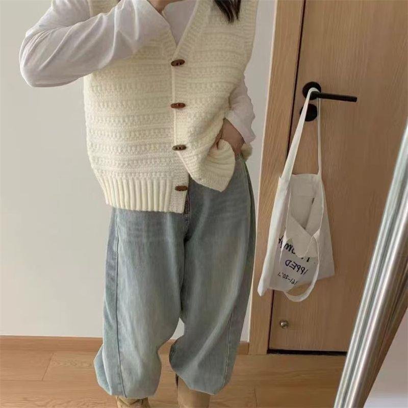 College Style Knitted Cardigan Vest Solid Color Wooden Buckle Bandage Dress - Image 7