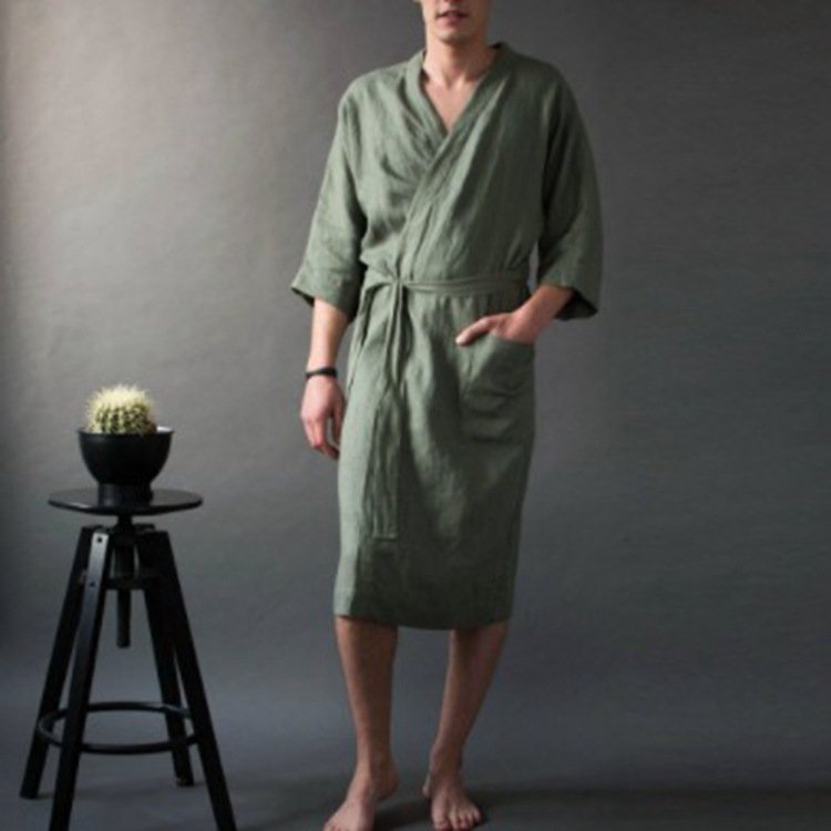 Men's And Women's Long Solid Color Linen Pajamas Robe Bathrobe - Image 3