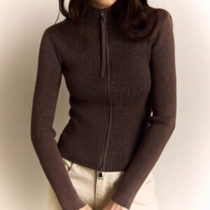 Zipper Slim Fit Top Stand Collar High Waist Trendy Long-sleeve Sweater Bottoming