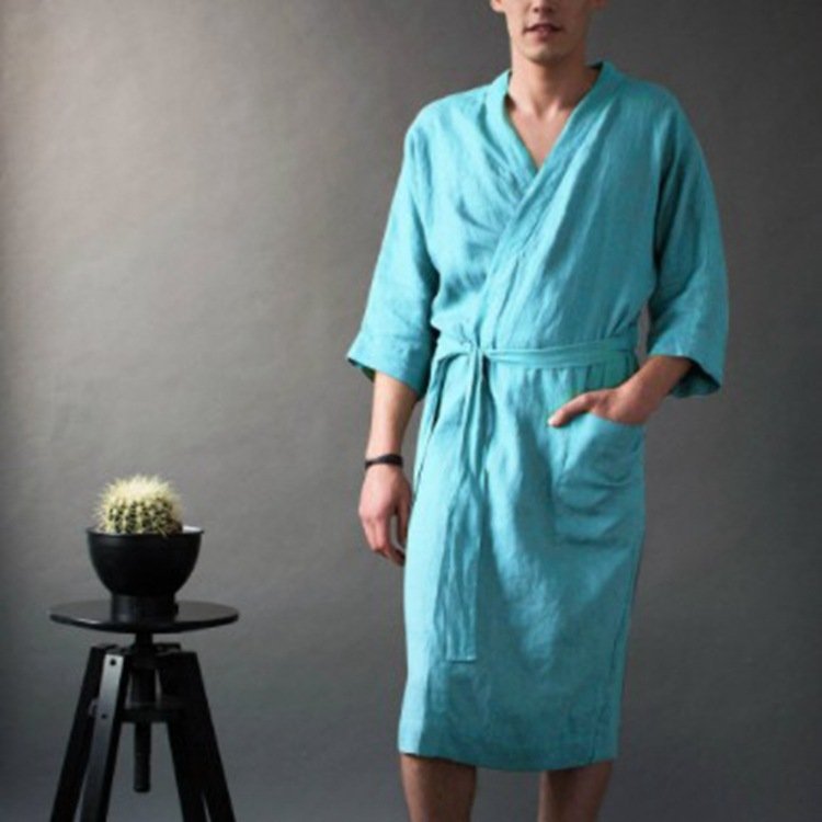 Men's And Women's Long Solid Color Linen Pajamas Robe Bathrobe - Image 9