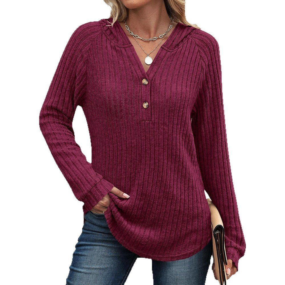 Solid Color And V-neck Button Loose Hooded Fleece Knitted Top - Image 5
