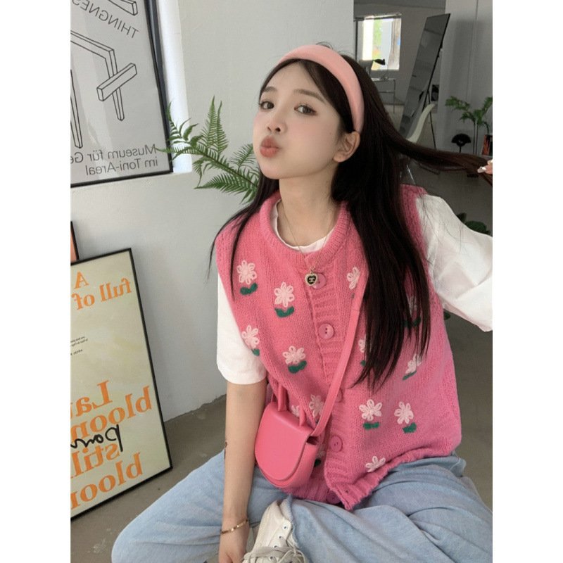 Embroidery Flower Knitted Vest Cardigan Sweet Sweater - Image 5
