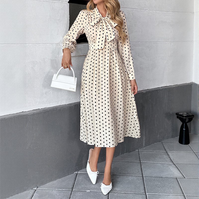 New Elegant Retro Style Bow Collar Long Sleeve Waist Dress - Image 6