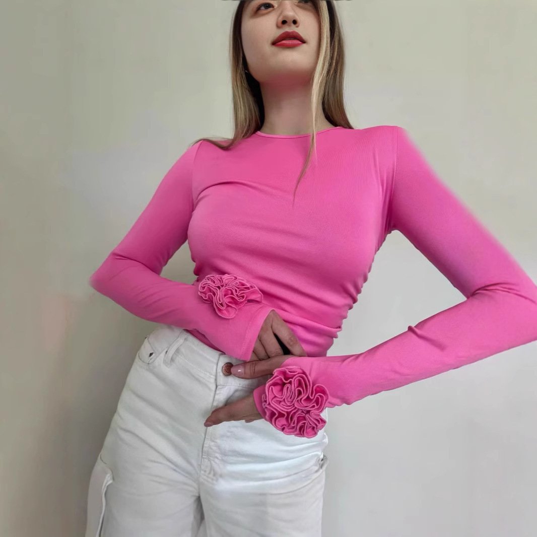 Three-dimensional Floral Long Sleeve Niche Round Neck Slim-fit Tops - Image 5