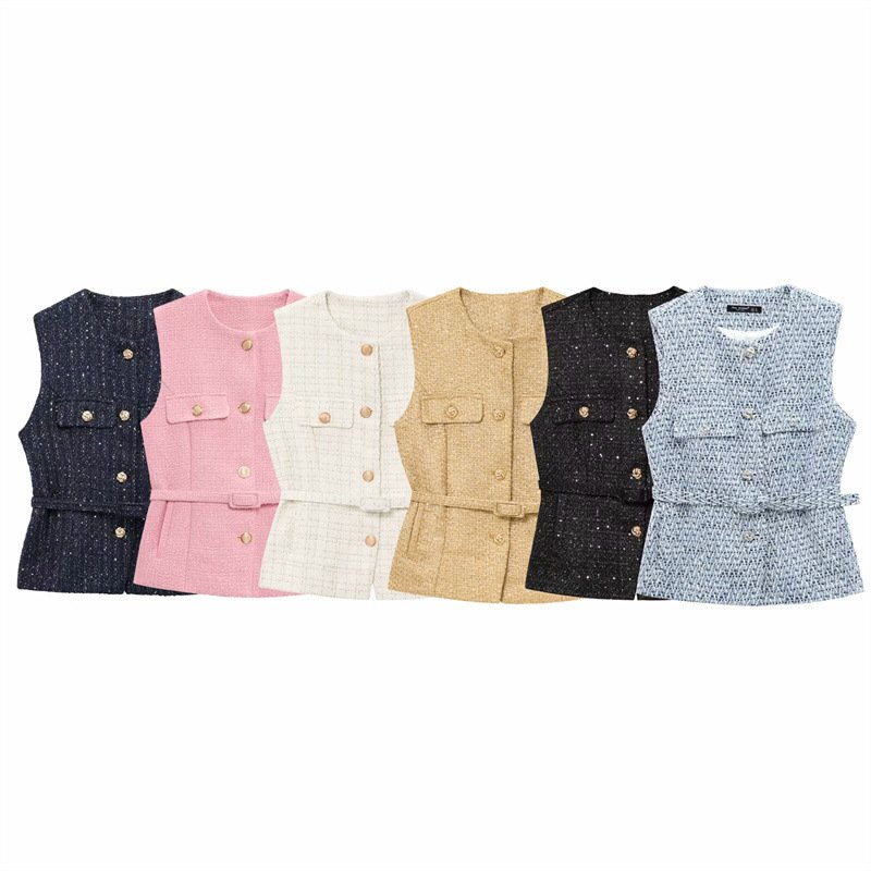 Women's Fashion Casual Sleeveless With Belt Texture Vest - Image 5