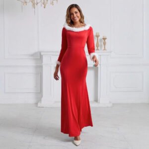 European And American Autumn And Winter New Christmas Evening Dress Plush Slim Fit Patchwork Dress
