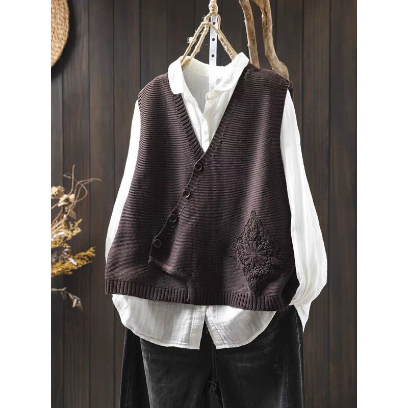 Women's V-neck Cotton Knitted Vest Cardigan - Image 6