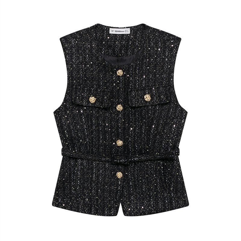 Spring New Casual Belt Vest Women's Clothing With Belt Texture Vest - Image 3