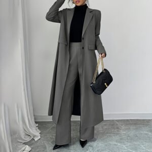 Women's 2 Piece Suit Set, Long Blazer Jacket And Straight Leg Pants, Business Formal Office Outfits For Work, NO Lining