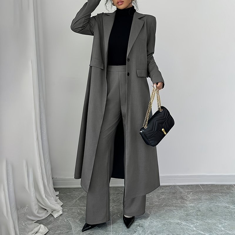 Women's 2 Piece Suit Set, Long Blazer Jacket And Straight Leg Pants, Business Formal Office Outfits For Work, NO Lining