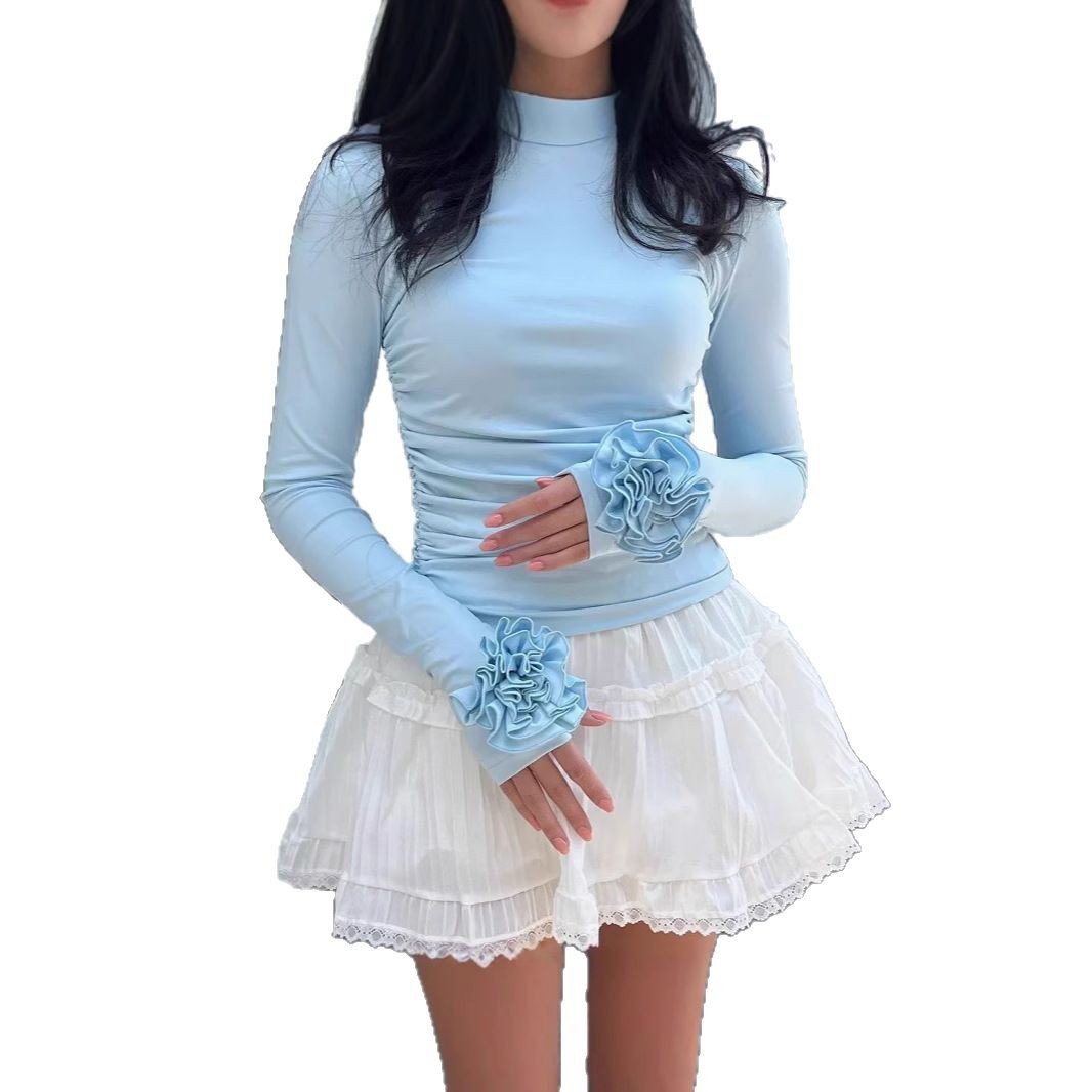 Three-dimensional Floral Long Sleeve Niche Round Neck Slim-fit Tops - Image 6