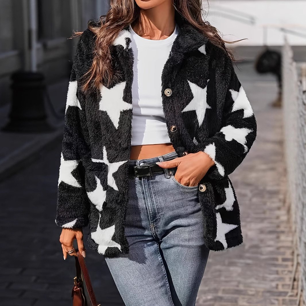 Women's Printed Double-sided Plush Casual Button Plush Coat