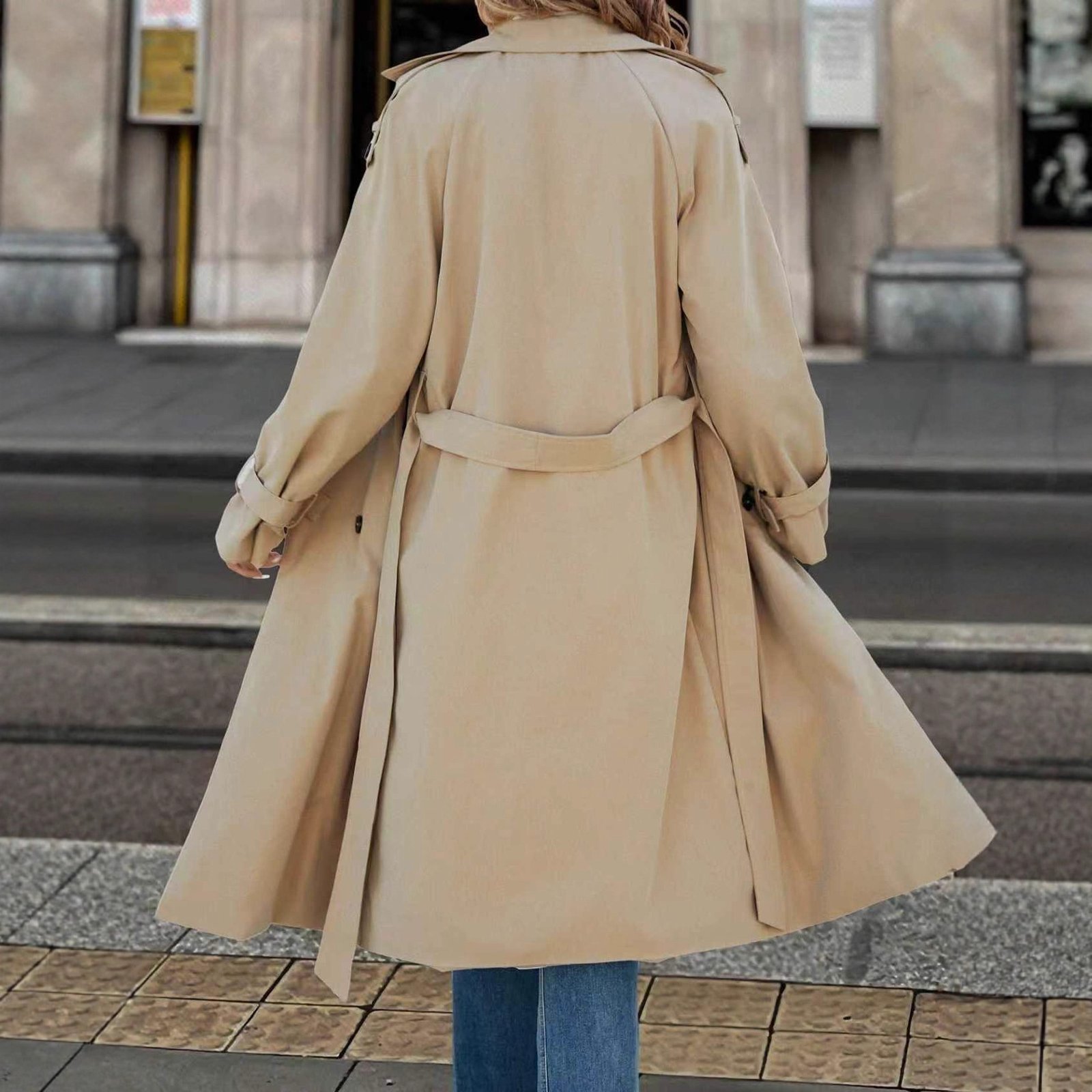 European And American Women's Clothing Double Breasted Belt Fleece Trench Coat Coat - Image 2