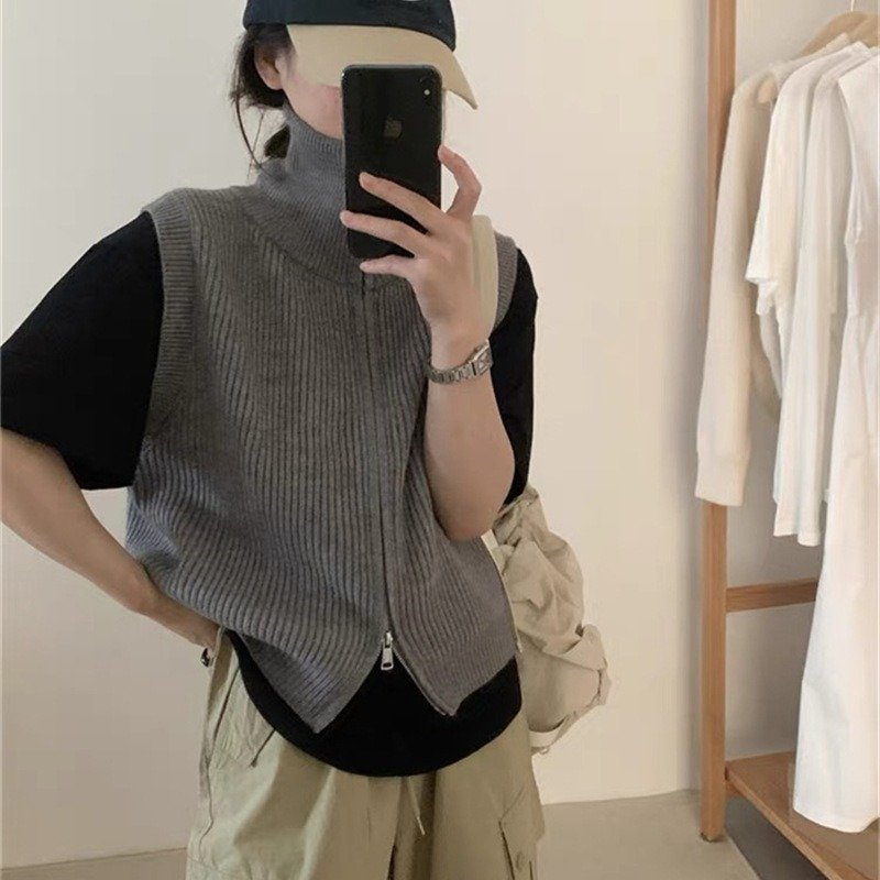 Simple Turtleneck Double Zipper Knitted Cardigan Vest - Image 2