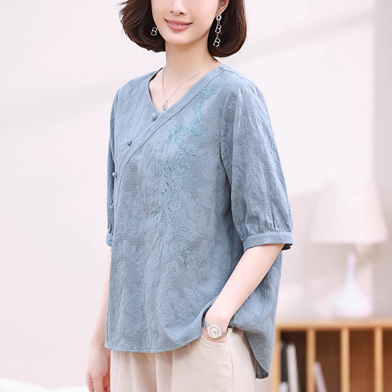 Short Sleeve T-shirt Women's Summer Cotton And Linen Chinese Style Top - Image 4