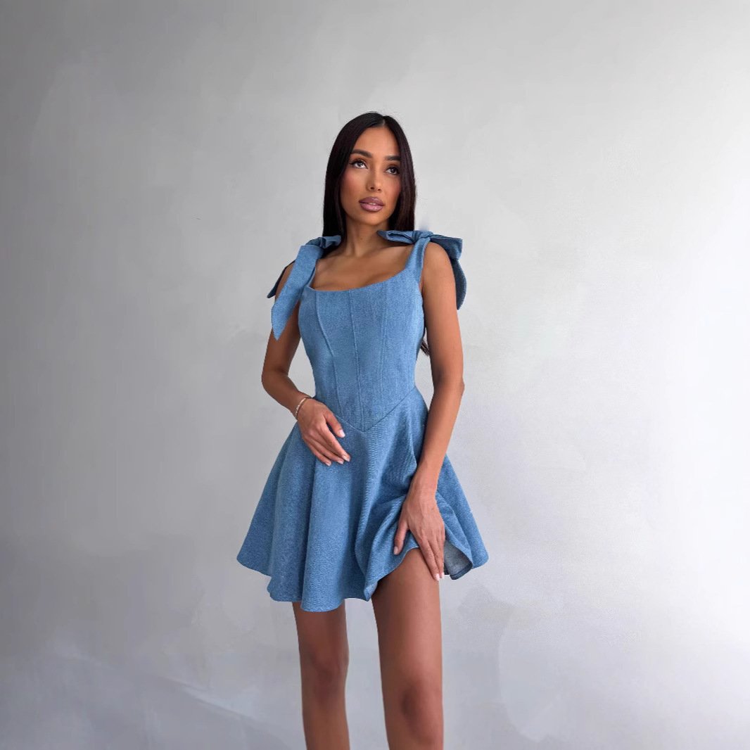 Fashion Hot Girl Square Collar Lace Up Fishbone Waist Dress - Image 2