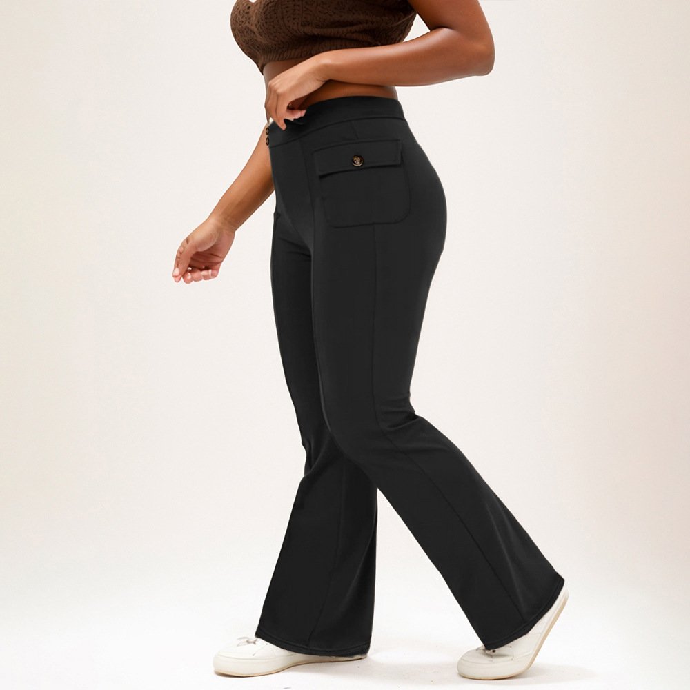 High Waist Button Side Flap Pocket Bell-bottom Pants - Image 2