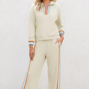 Apricot Striped Patchwork Quarter Zip Pullover Loose Pant Set