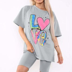 Love Side Slit Cycling Short And T-Shirts Co-Ord Two Piece Set With Front Love Slogan