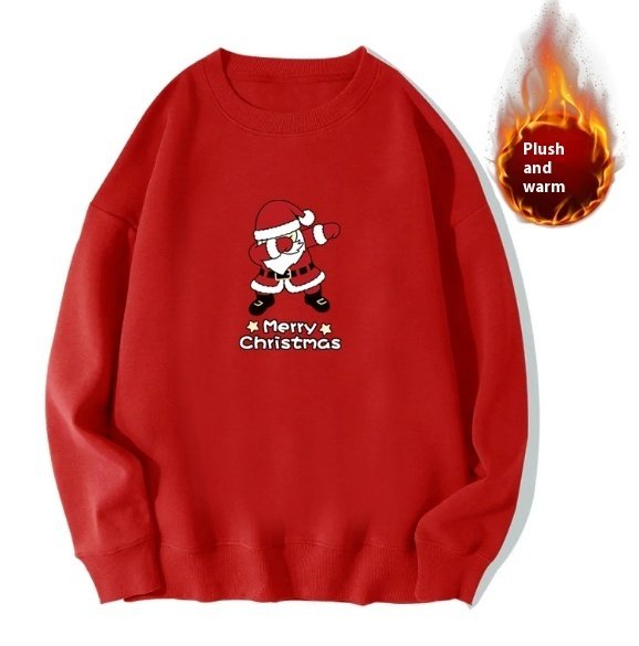 Red Sweater Christmas Fleece-lined Deer Round Neck Couple - Image 3