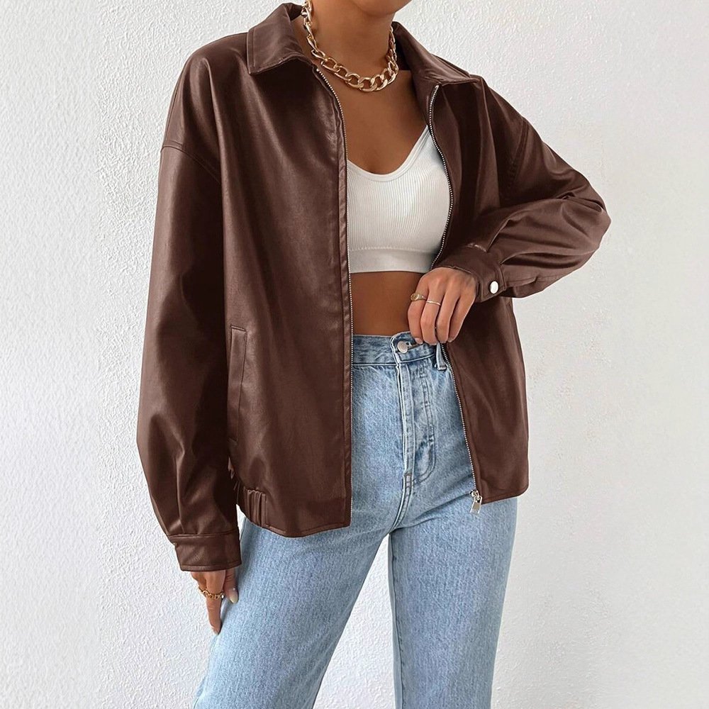 PU Leather Coat Retro Biker's Long Sleeve Zipper Lapel Jacket - Image 4