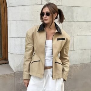 Retro Lapels Contrast Color Waist-tight Motorcycle Slim-fit Leather Coat Zipper Jacket