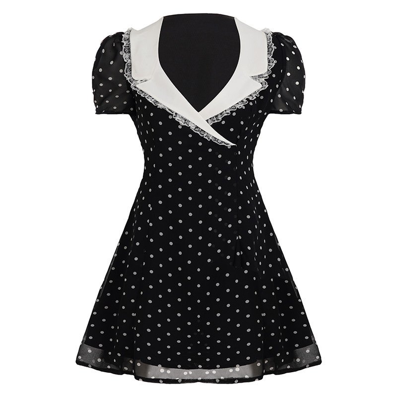 Hepburn Style Elegant Lace V-collar Polka Dot Dress - Image 6