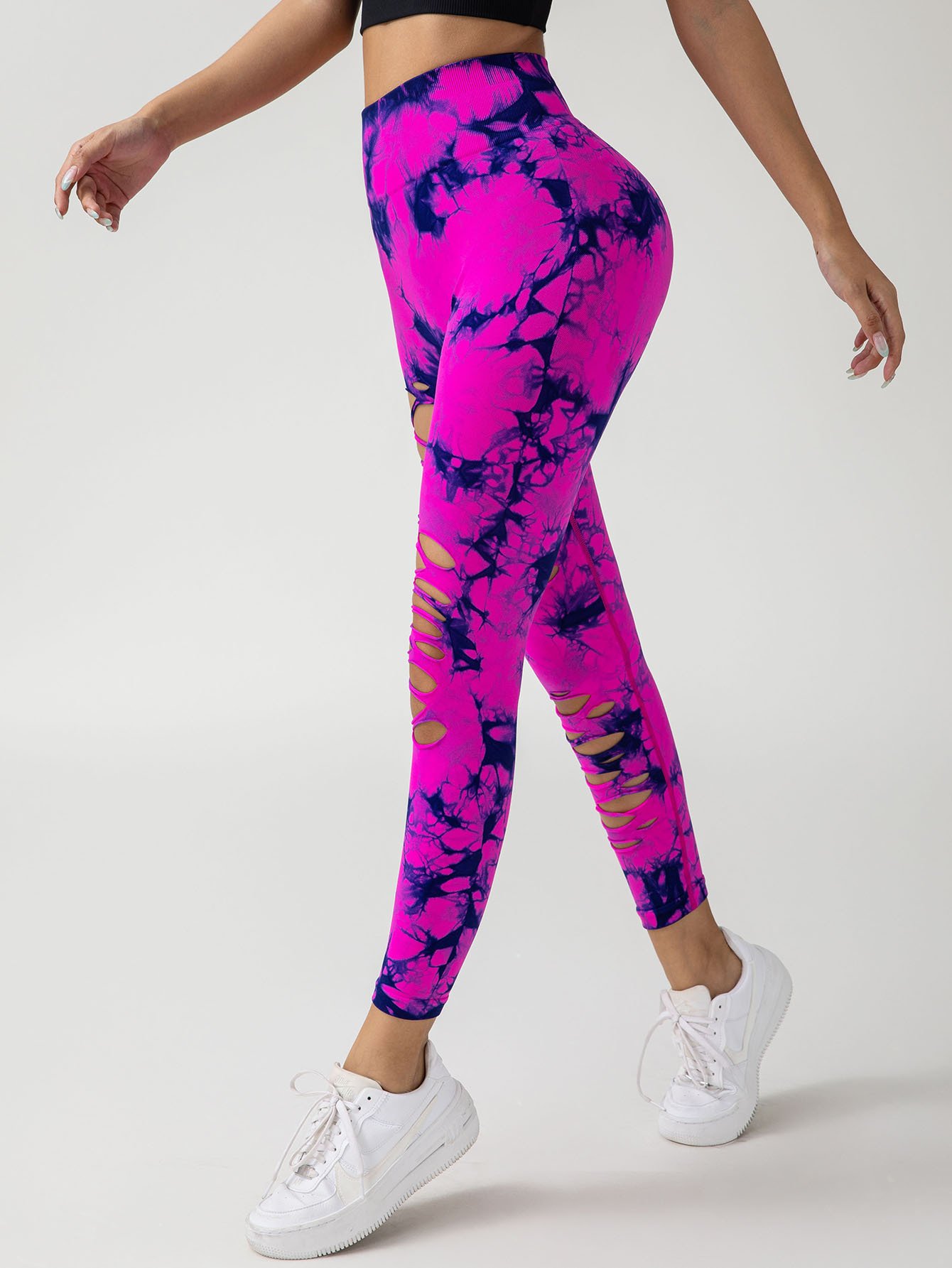 New Style Women's High-Waisted Yoga Leggings With Hollow-Out & Tie-Dye Design - Image 9