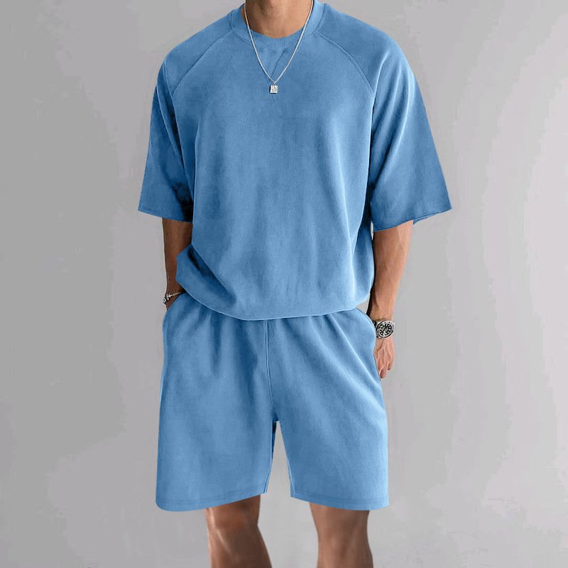 Men's Terry Casual Round Neck Sports Shorts Short Sleeve Two-piece Set - Image 4