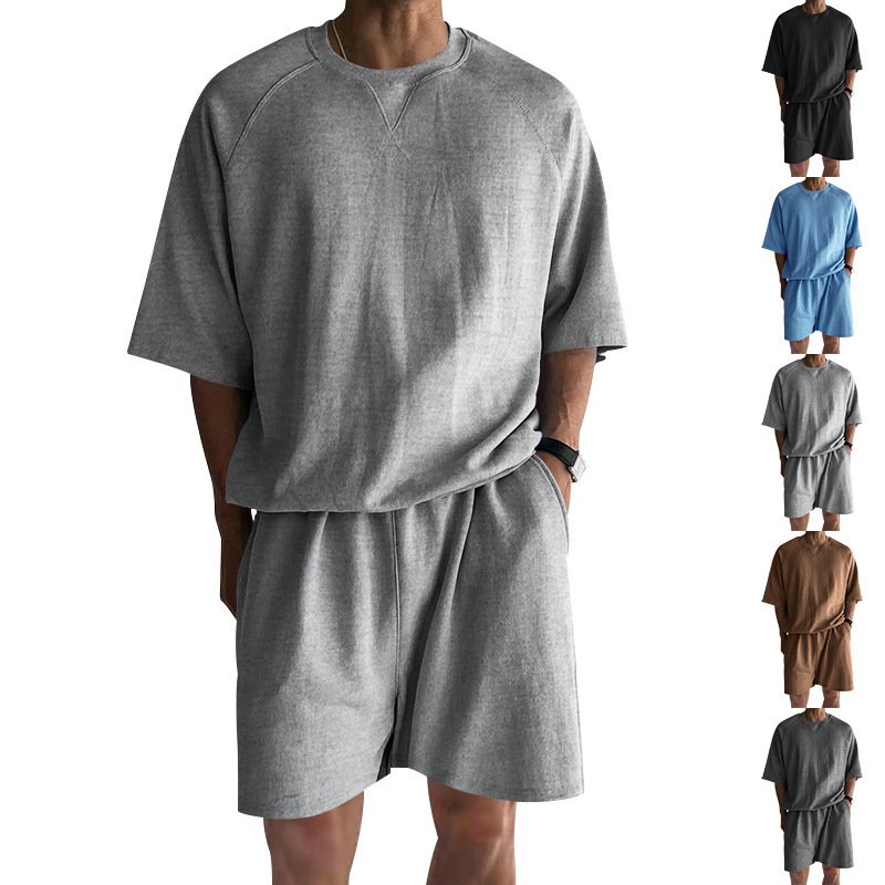 Men's Terry Casual Round Neck Sports Shorts Short Sleeve Two-piece Set - Image 2