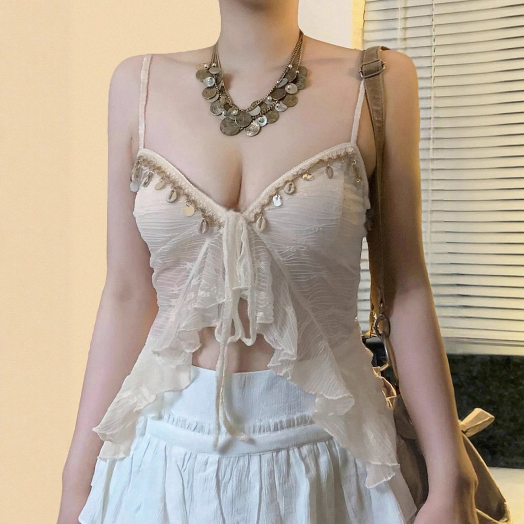 Low Collar Chest-flattering Lace-up Irregular Mesh Sexy See-through Vest - Image 2