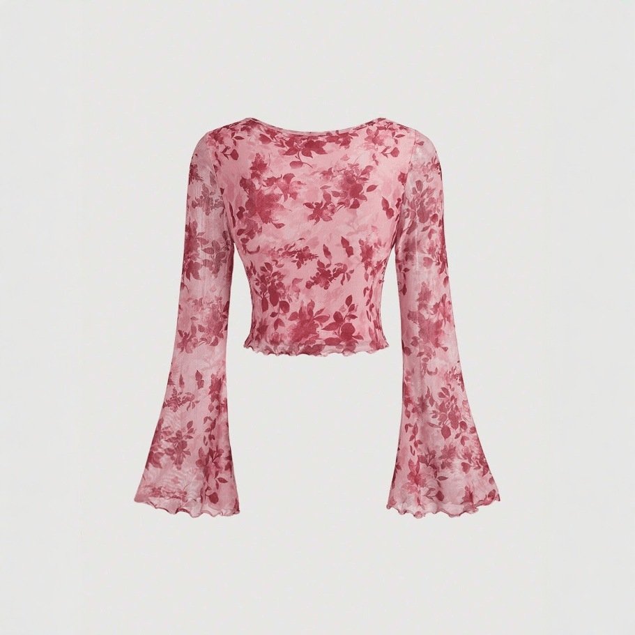 V-neck Lace Up Printed Long Sleeve Slim Women Shirt - Image 2