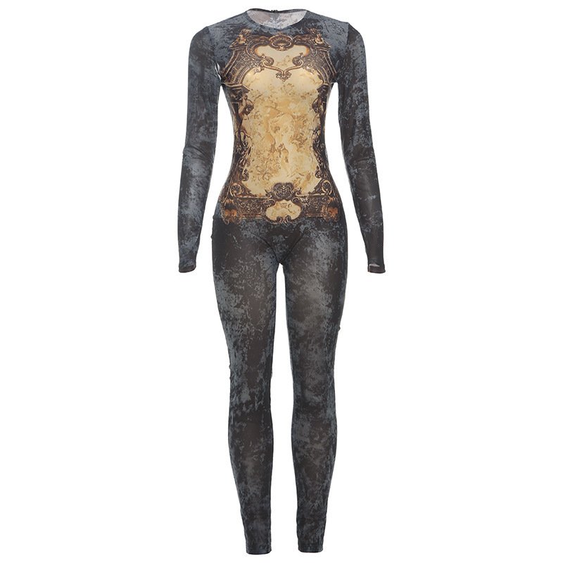 Women's Printed Sexy Mesh High Waist Slim-fit Zipper Long-sleeved Jumpsuit - Image 6