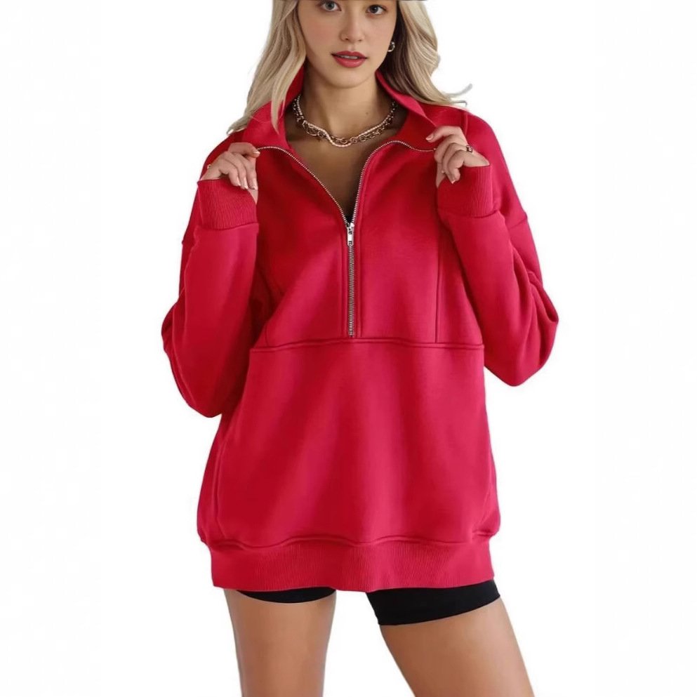 Zipper Patchwork Pocket Brushed Hoody Women's Loose - Image 4