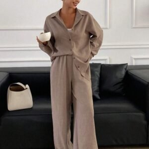Loose Profile Long Sleeve Shirt High Waist Drooping Wide Leg Pants Two-piece Set