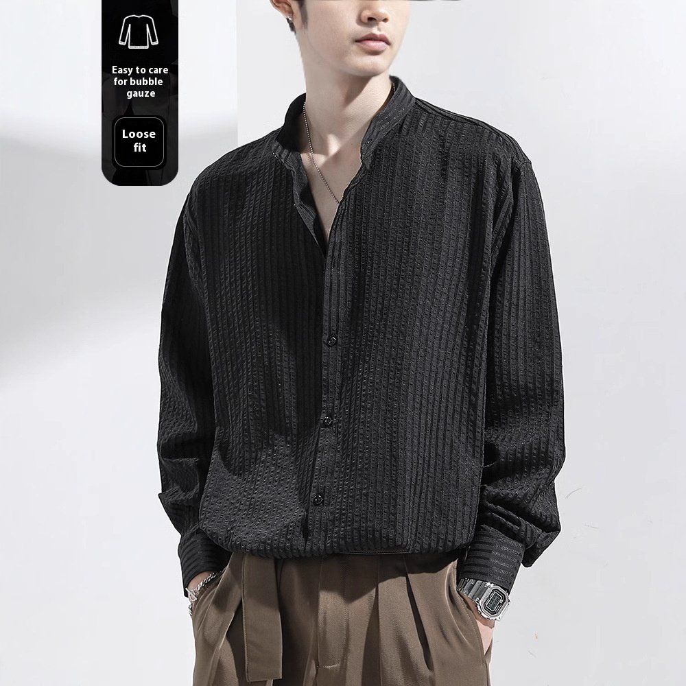 Anti-Wrinkle Seersucker Men's Black Texture Long Sleeve Casual Shirt