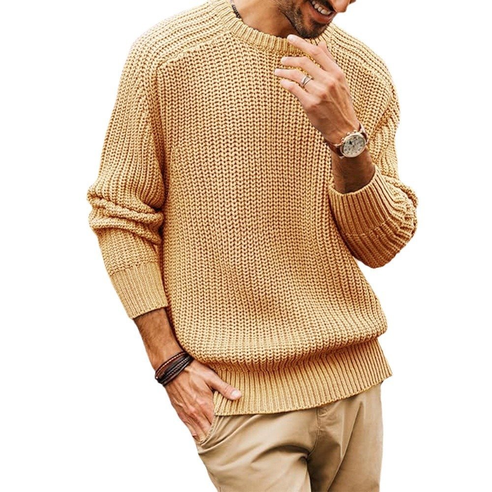 Men's Solid Color Long Sleeve Round Neck Fashion Sweater Loose Retro Sweater - Image 6