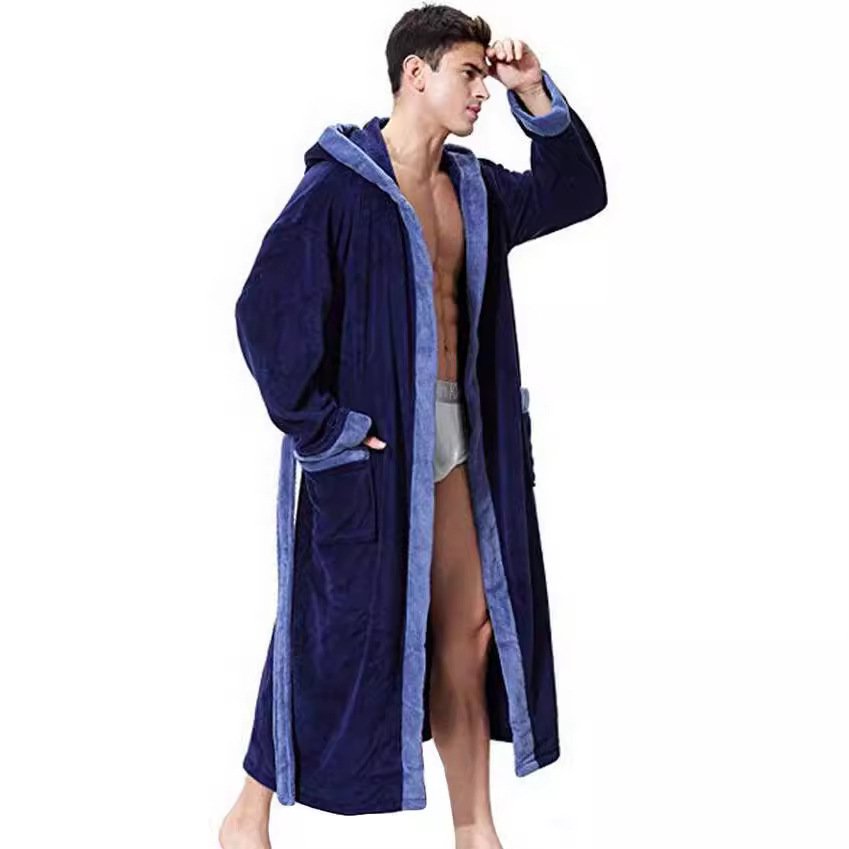 Men's Simple Colorblock Hood Patch Pocket Bathrobe - Image 3
